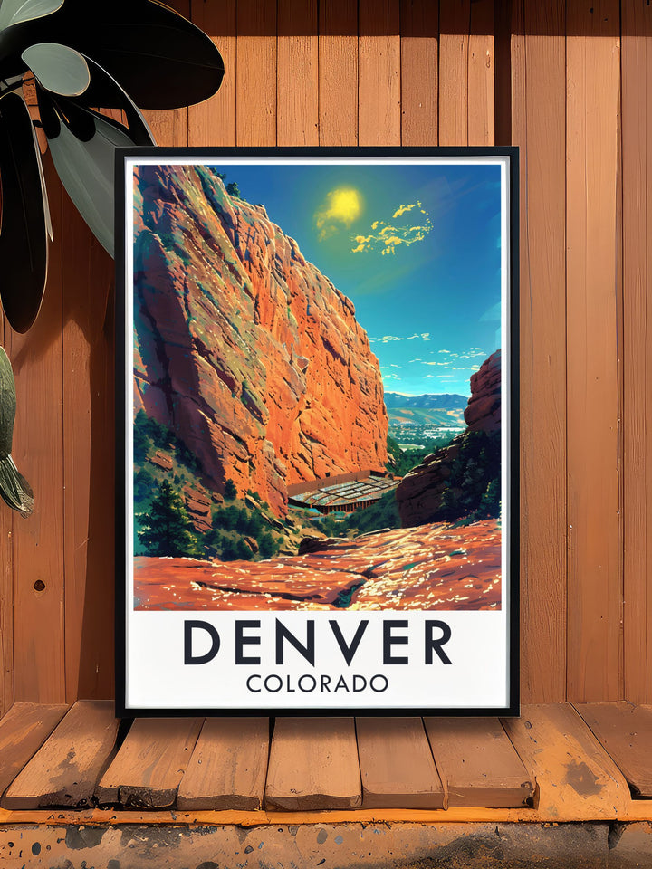 A detailed illustration of the Denver skyline and surrounding landscapes, perfect for adding a touch of Colorados urban and natural beauty to your home decor.