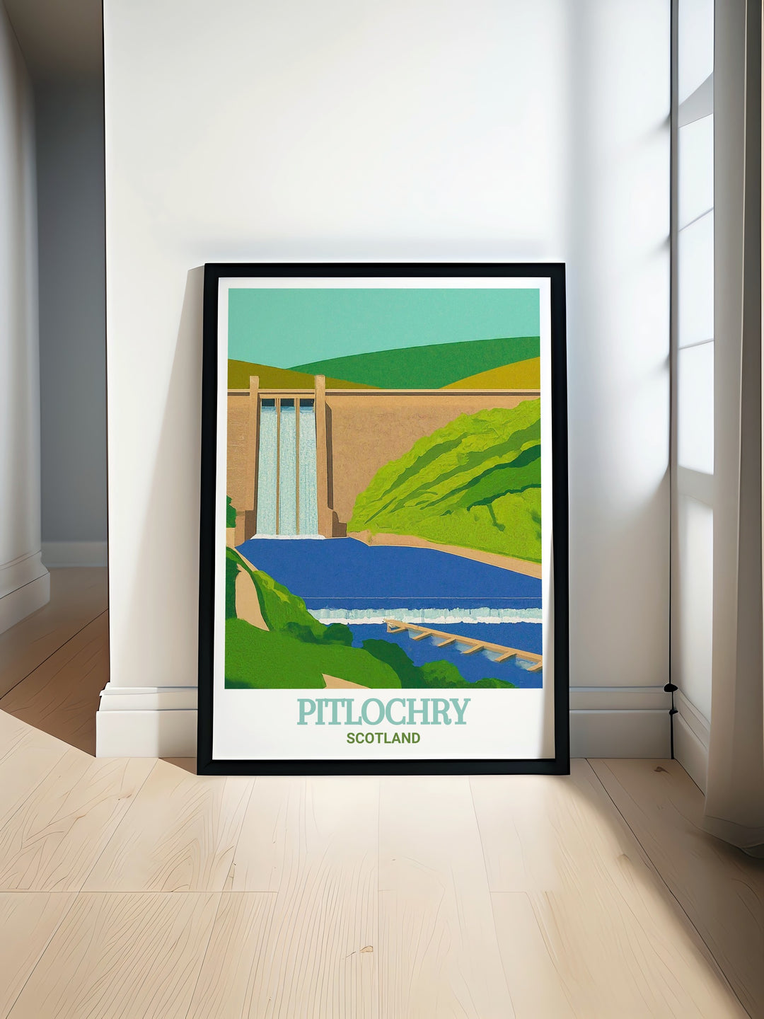 Scotland travel print illustrating the peaceful landscapes of Pitlochry, with its iconic Dam and Fish Ladder, offering a perfect blend of history and nature. This wall poster is a must have for those who dream of exploring Scotlands hidden gems and natural wonders.