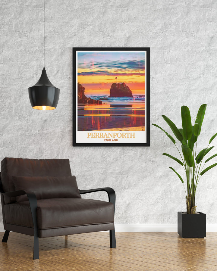 Perranporth Chapel Rock art print capturing the stunning views of Chapel Rock in Perranporth, England. Perfect for nature lovers and art enthusiasts. This vibrant and detailed artwork brings the beauty of Perranporth into your home.