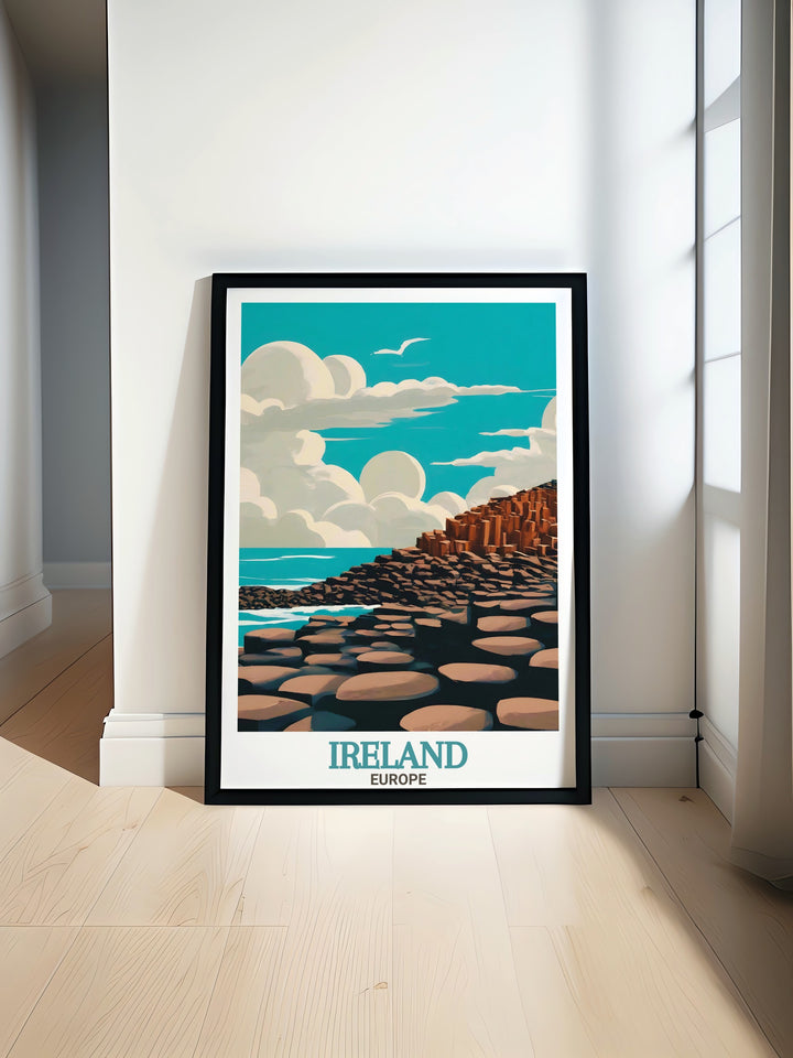 A unique blend of nature and city, this travel poster features Irelands iconic Giants Causeway and the bustling city of Dublin, making it an ideal gift for travelers and lovers of Irish heritage.