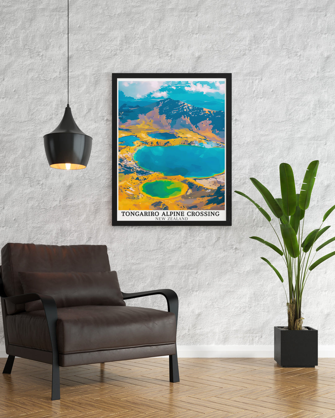 Featuring the striking Emerald Lakes, this New Zealand travel poster showcases one of the most unique and beautiful spots along the Tongariro Alpine Crossing. Its a perfect gift for anyone captivated by New Zealands natural beauty and geothermal wonders.