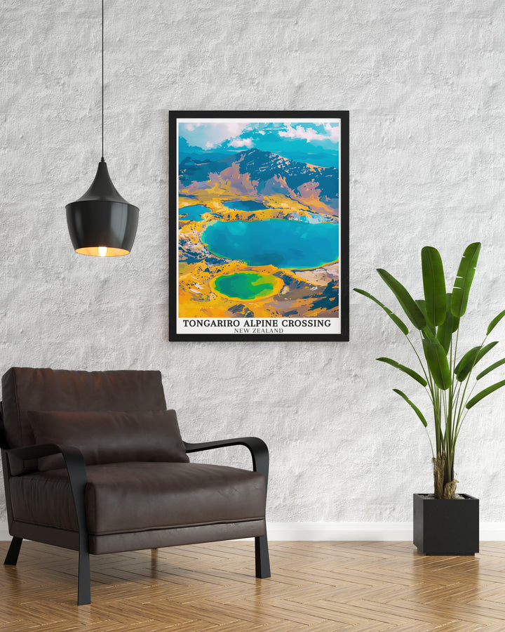 Featuring the striking Emerald Lakes, this New Zealand travel poster showcases one of the most unique and beautiful spots along the Tongariro Alpine Crossing. Its a perfect gift for anyone captivated by New Zealands natural beauty and geothermal wonders.