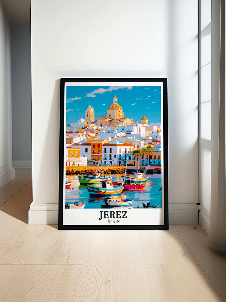 Jerez de la Frontera poster print capturing the historic charm of Andalusias iconic Jerez Cathedral. This travel print features the Gothic and Baroque architecture that defines Jerez, making it perfect for those who appreciate Spanish culture and wish to bring Andalusian beauty into their home.