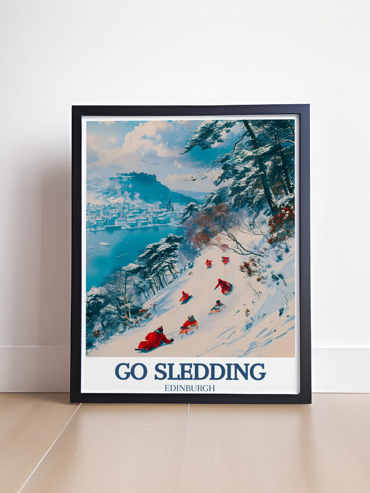 Gallery wall art of a snowy day at Arthurs Seat, emphasizing the joy and energy of sledding against the stunning backdrop of Edinburghs iconic peak.