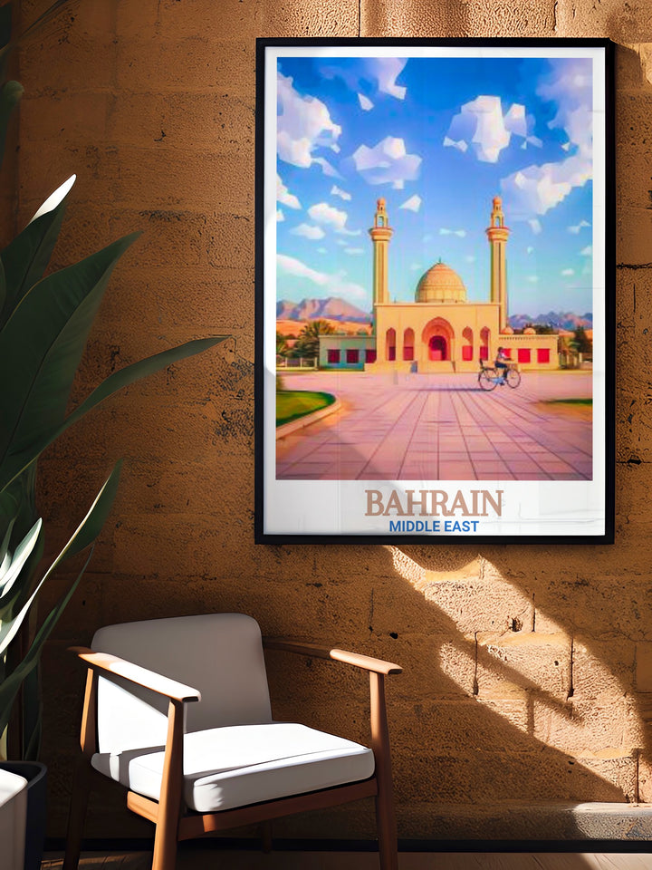 Bahrain Artwork showcasing the majestic Al Fateh Grand Mosque an ideal piece for wall decor or a thoughtful gift for those who appreciate Middle Eastern art and history.