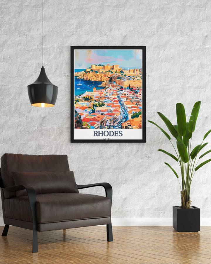 Experience the historical beauty of Rhodes with this travel poster, featuring the grandeur of the Palace of the Grand Master and the charm of the Old Town of Rhodes. The canvas print will elevate any space, offering a timeless reminder of Greeces treasures.