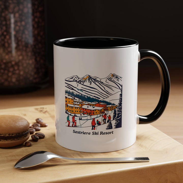 A colorful Sestriere Ski Resort Mug with artistic designs capturing the charm of Sestriere’s slopes and alpine spirit. This dishwasher-safe ceramic mug is ideal for everyday use or gifting to ski fans.