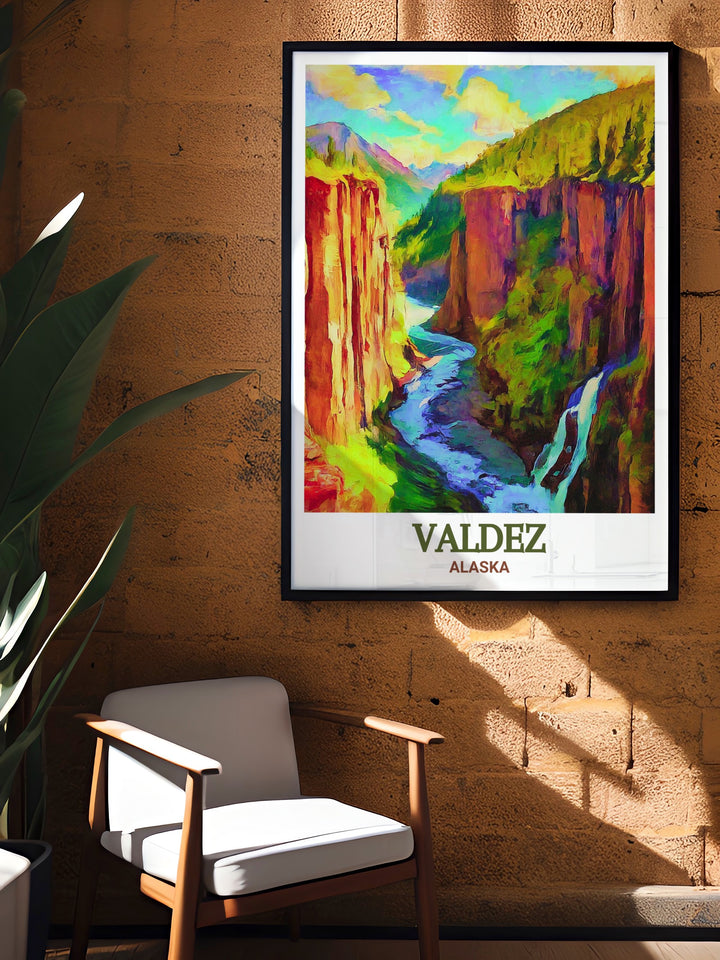 Valdez and Keystone Canyon come alive in this wall art, featuring the dramatic landscapes of Alaska. The print beautifully captures the rugged terrain, making it a perfect gift for adventurers and those who appreciate the majestic beauty of the outdoors.