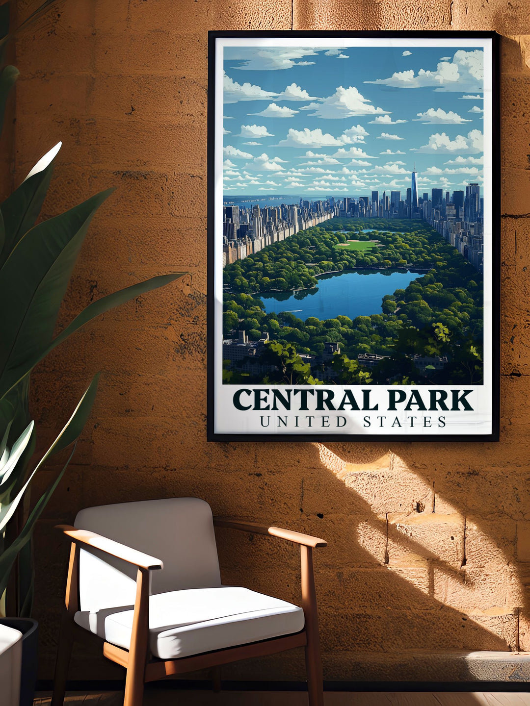This travel poster captures the serene beauty of Central Parks Lake from an aerial perspective, perfect for adding a touch of New York Citys natural charm to your home decor.