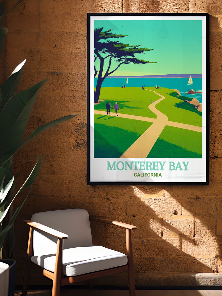 Monterey Bay art print capturing the stunning views of Lovers Point Park in California. Perfect for nature lovers and art enthusiasts. This vibrant and detailed artwork brings the beauty of Monterey Bay into your home.