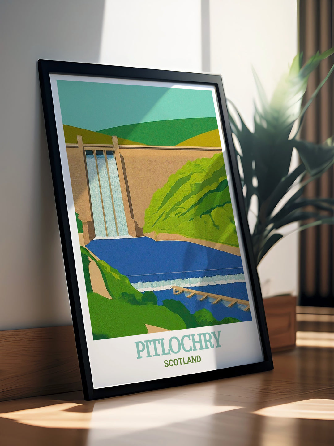 Pitlochry Dam wall art depicting the impressive structure of the Pitlochry Dam and Fish Ladder, set within the beautiful landscape of the Scottish Highlands. This framed art piece is perfect for those who wish to celebrate Scotlands natural and engineering marvels, making it a unique addition to any room.