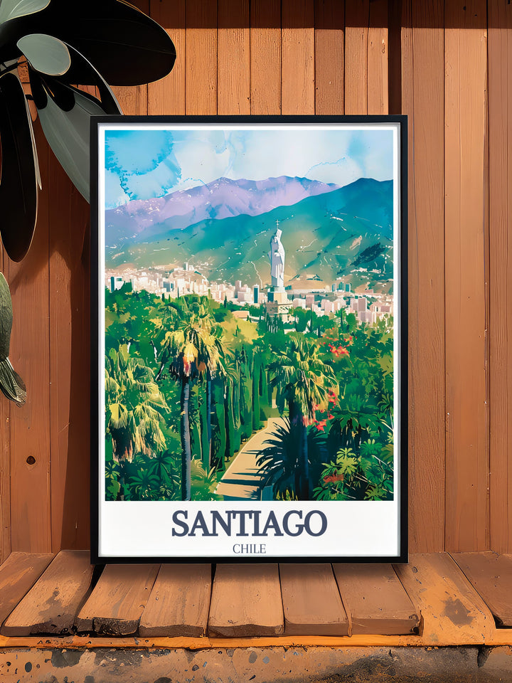 Stunning Spain travel print featuring the iconic Cerro San Cristobal and Statue of the Virgin Mary This Santiago wall art brings the charm of Spain into your living room bedroom or office with bold colors and intricate details