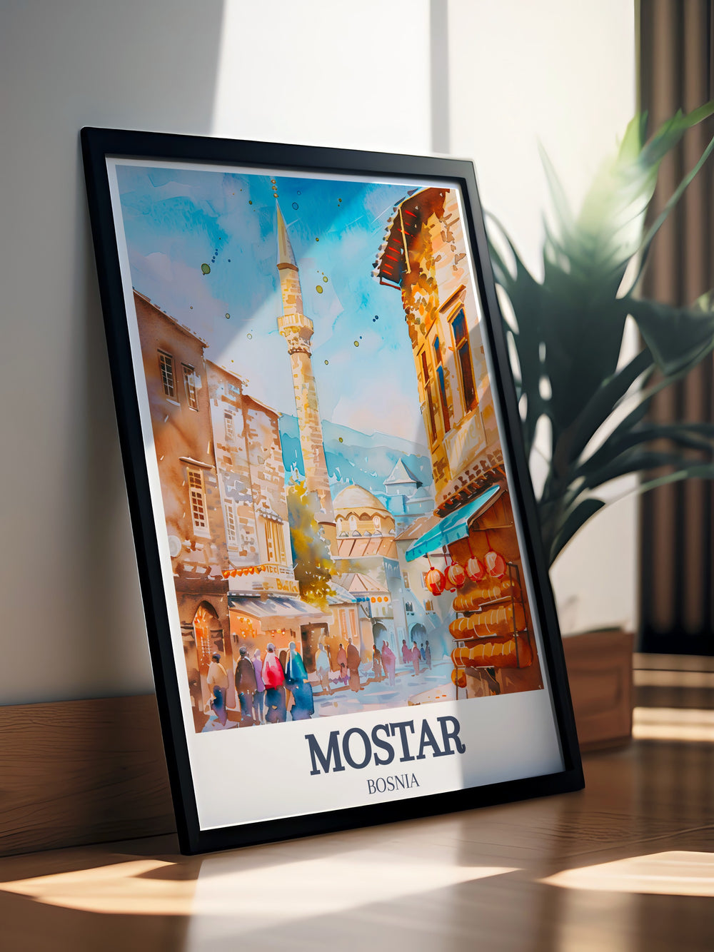 Old Bridge Print with Koski Mehmed Pasha Mosque and Old Town Bazaar art capturing the beauty of Mostar and Herzegovina ideal for travel gifts