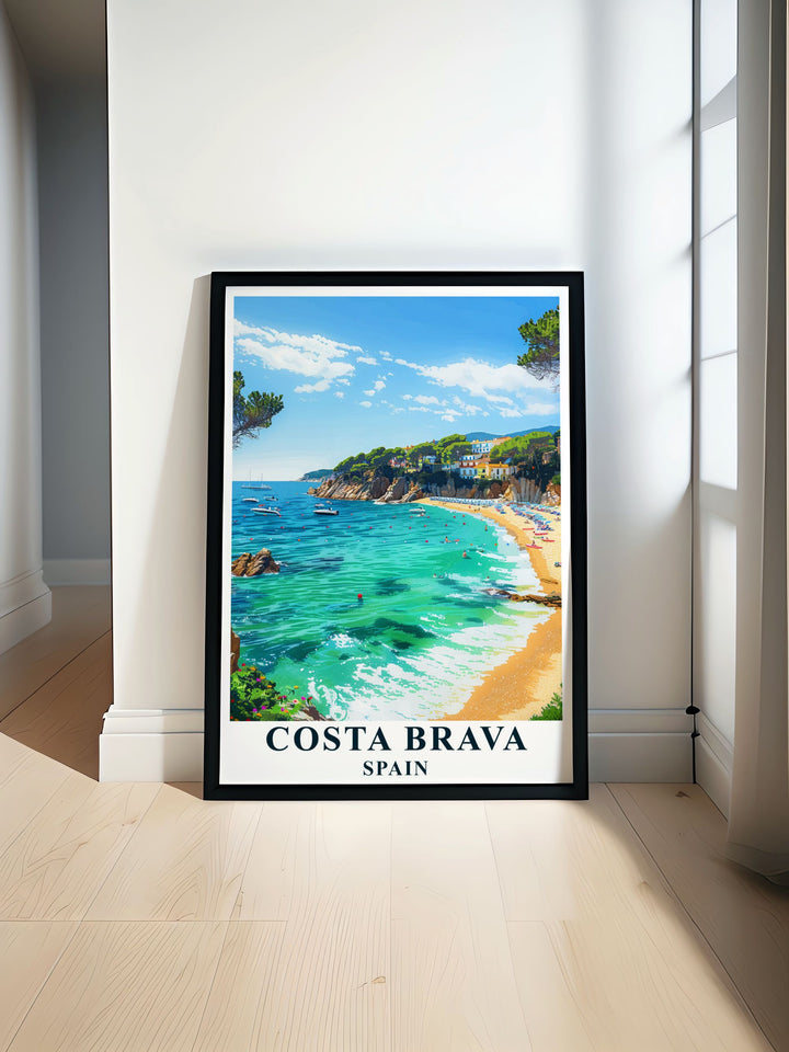 A beautifully designed Costa Brava beach travel poster that showcases the stunning Mediterranean views of Spain. This wall print makes an ideal travel gift for those who love Spains coastal landscapes or anyone seeking a unique décor piece for their home.