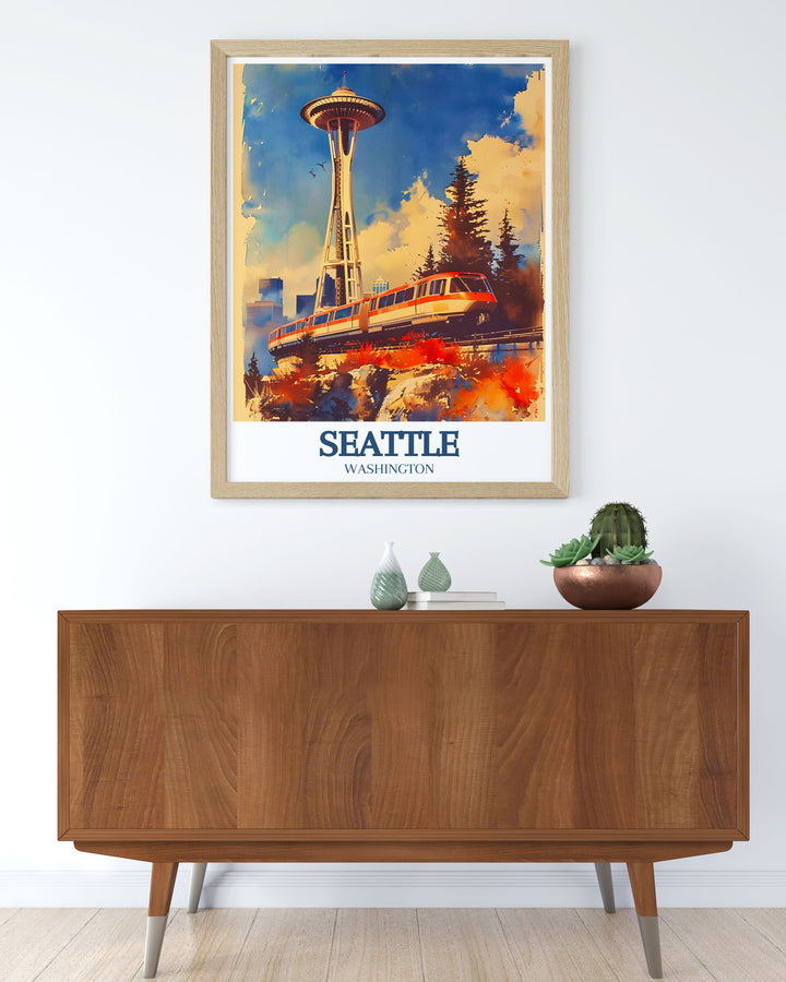The Summit at Snoqualmie and Seattles Space Needle are beautifully depicted in this poster, celebrating the iconic landmarks and winter sports opportunities from the city to the Cascade Range, ideal for skiing enthusiasts.