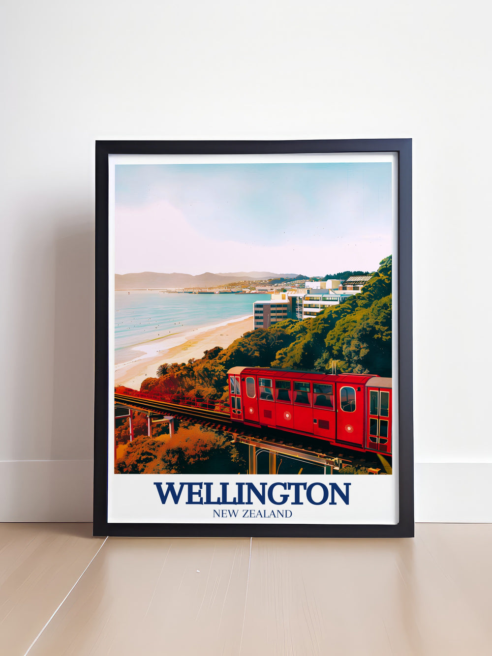 Wellington Cable Car travel print showcases the historic red cable car making its way through the citys hills. This artwork is perfect for anyone who loves New Zealands blend of tradition and modernity, offering a unique and colorful addition to their home décor.