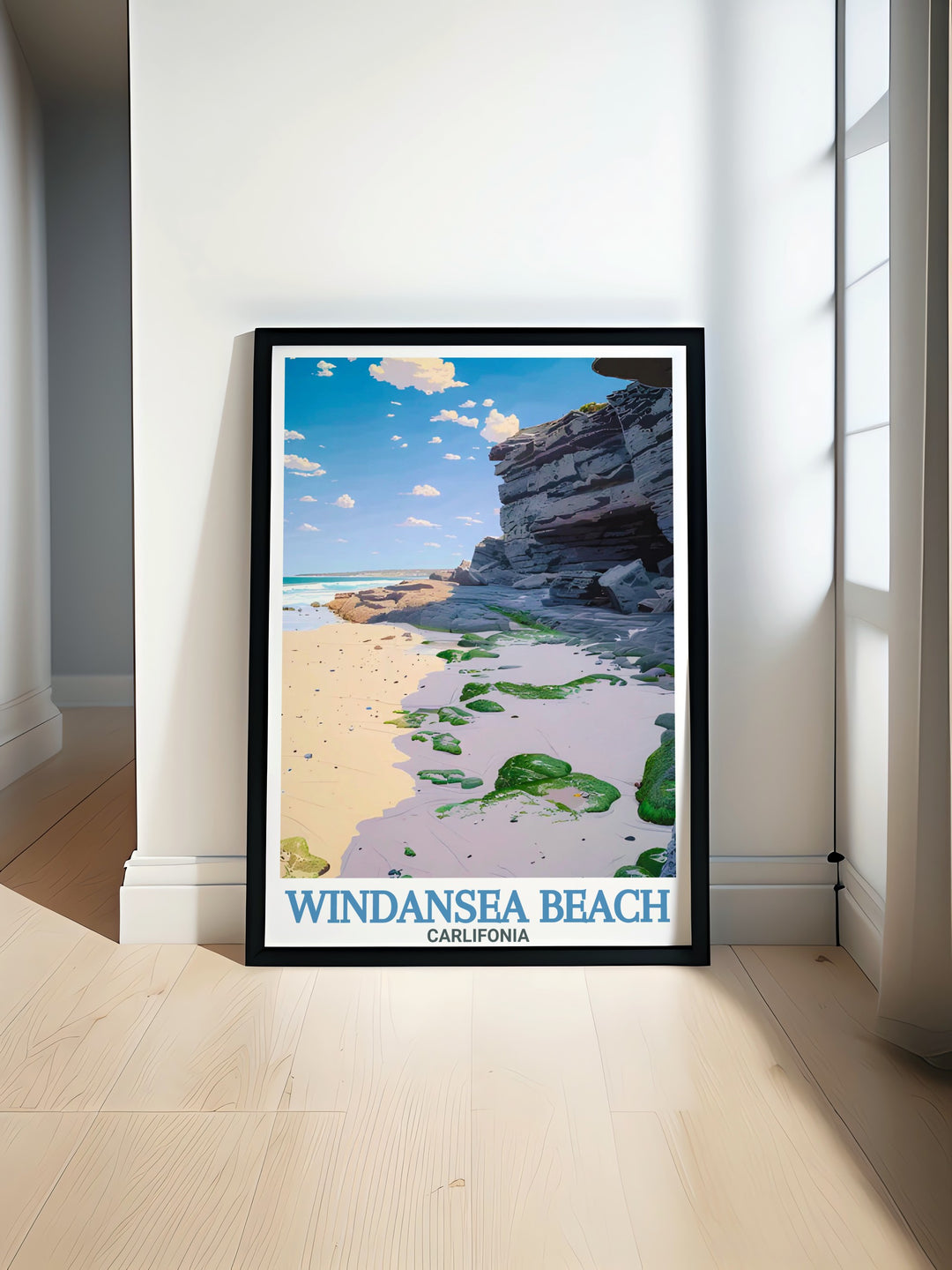 San Diego Poster showcasing Windansea Beach rock formations perfect for beach lovers and travel enthusiasts looking for elegant home décor and stunning wall art. Ideal as a personalized gift and vintage poster that brings a touch of California charm to any room.