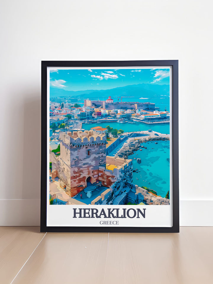 Travel poster of the Old Harbor in Heraklion, Crete, Greece, showcasing its historical significance and vibrant life. The detailed illustration captures the harbors lively atmosphere and architectural charm, making it ideal for any travel enthusiast.