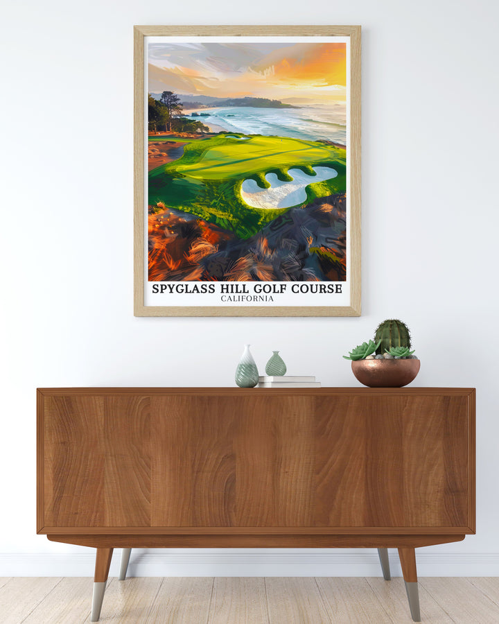 Spyglass Hill canvas art displaying the exciting scenery and lush greenery along Bird Rock at Spyglass Hill Golf Course in Monterey Bay, California. Enhance your wall decor with these exquisite travel canvas prints from Spyglass Hill. Perfect for adding a touch of sophistication to any room, these art pieces showcase the vibrant landscapes of the course.