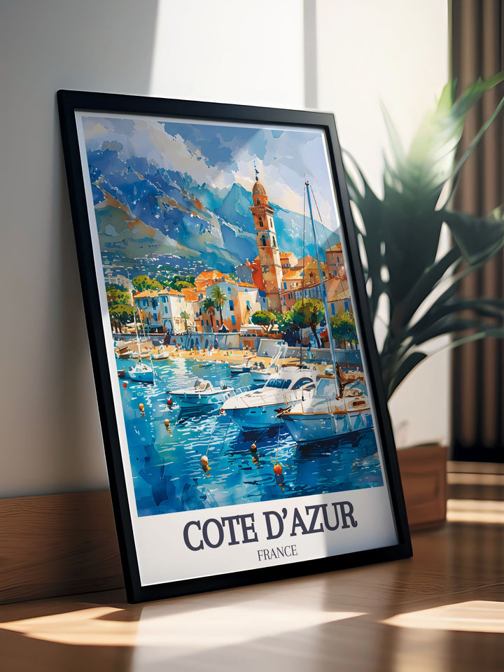 Discover the vibrant energy of Cannes Harbour with a detailed art print showcasing luxury yachts and charming boats set against the beautiful backdrop of the French Riviera.