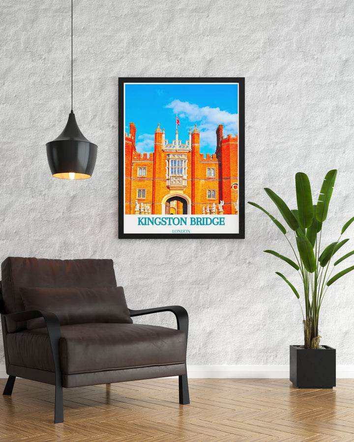 Showcasing the architectural elegance and historical significance of Kingston Bridge and Hampton Court, this travel poster is a perfect addition to any wall art collection.