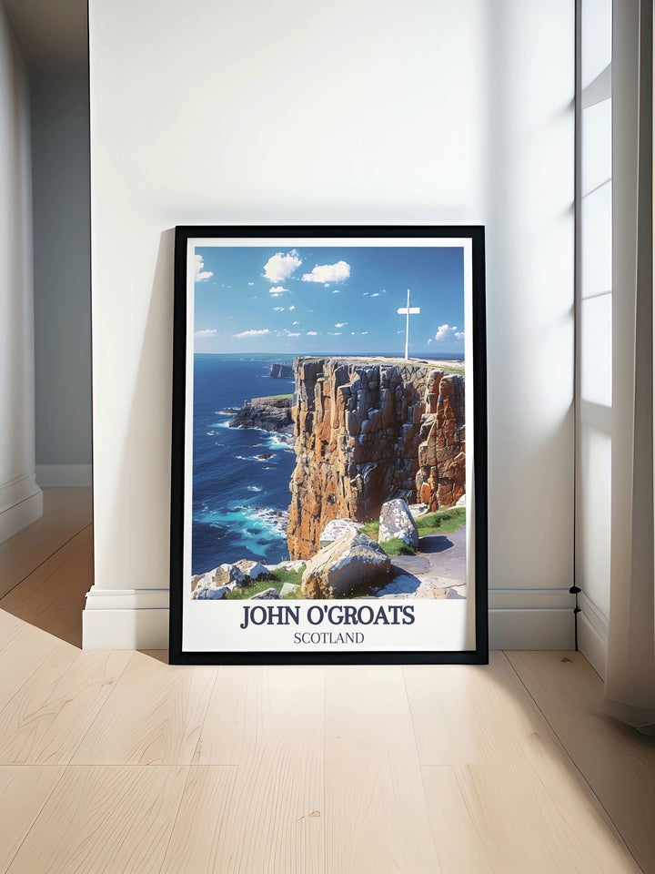 Lands End Signpost artwork showcasing the iconic landmark at the conclusion of the End to End Bike Ride. Perfect for cycling enthusiasts who have completed the journey from John O Groats to Lands End. A beautiful piece for home decor and cycling memorabilia.