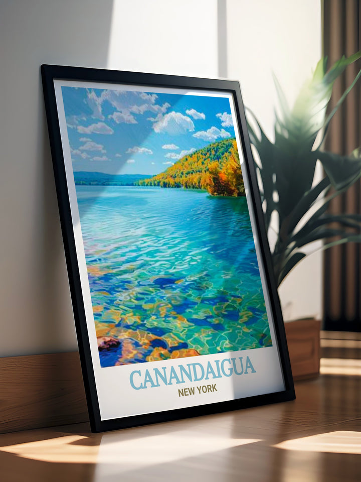 Canandaigua Lake scenic print featuring the lakes tranquil waters and surrounding nature. This artwork brings the charm of New York State into your home.