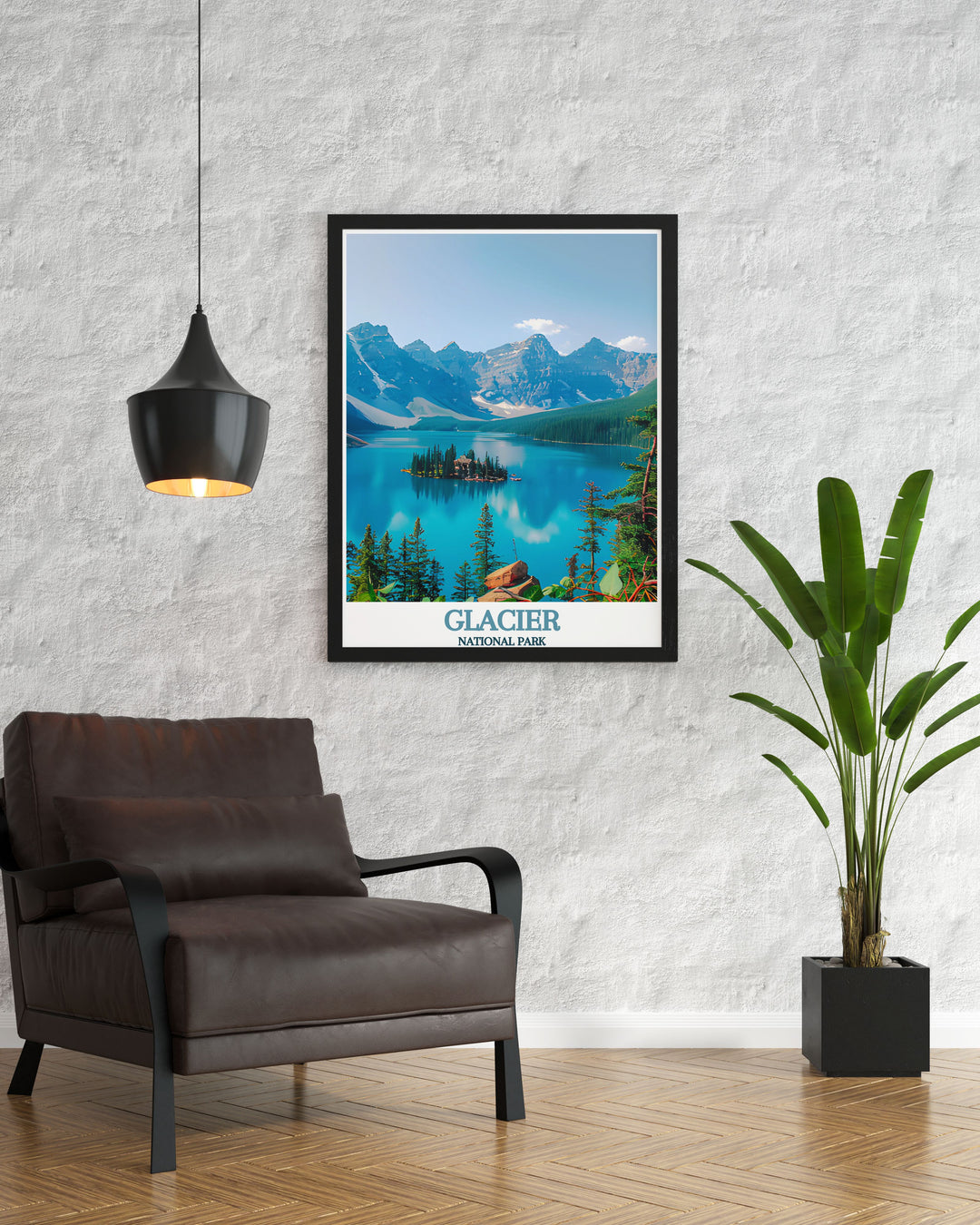 Framed art illustrating the serene beauty of St. Mary Lake, with its clear waters reflecting the rugged peaks of Glacier National Park, perfect for those who cherish the great outdoors.