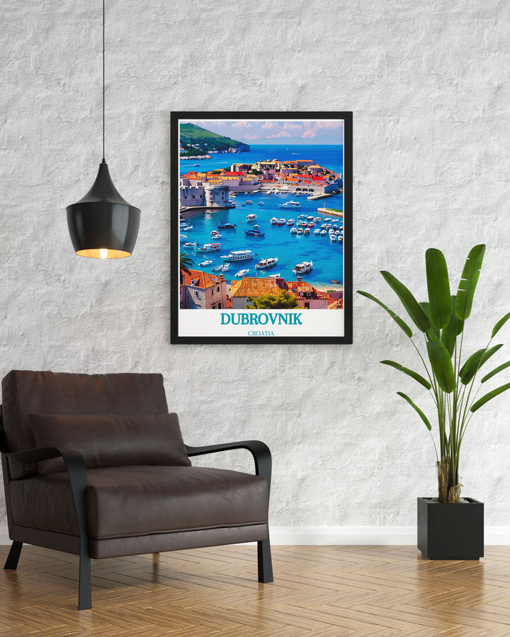 Framed art showcasing the beauty of Dubrovnik, capturing the serene harbor and historic architecture of Croatias coastal city.