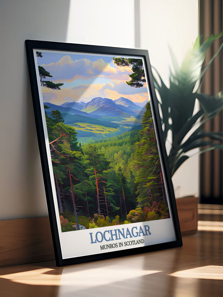 Ballochbuie Forest Home Décor with captivating vintage travel prints of the Scottish Highlands featuring iconic Munros like Lochnagar Munro and Beinn Chìochan Munro an excellent choice for enhancing your living space with natures beauty