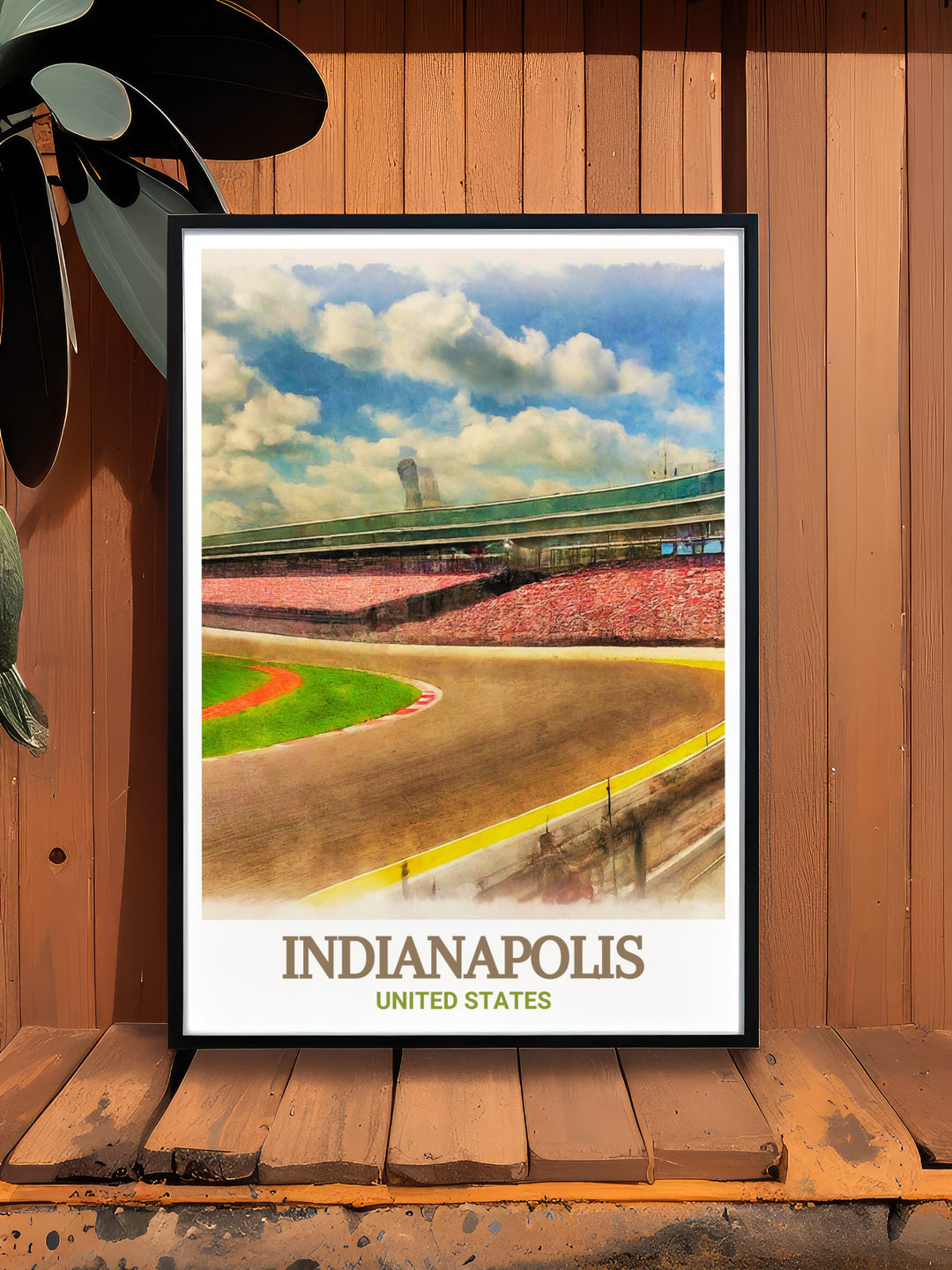 Travel print featuring Indianapolis Motor Speedway and the stunning Indianapolis skyline. Ideal for home decor and gifts. This artwork beautifully depicts the blend of racing history and urban charm of Indianapolis, making it a great addition to any space.