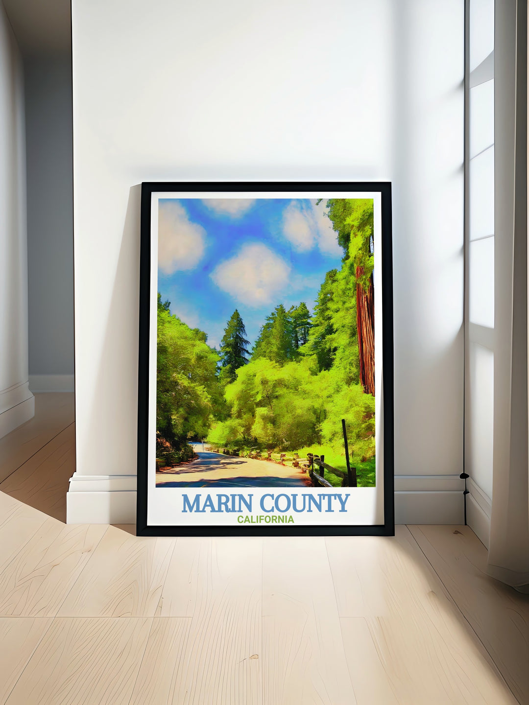 This travel poster featuring Marin County and Muir Woods National Monument brings Californias iconic landscapes into your home. With a mix of city design and natural elements, this artwork is perfect for fans of both urban and outdoor environments.