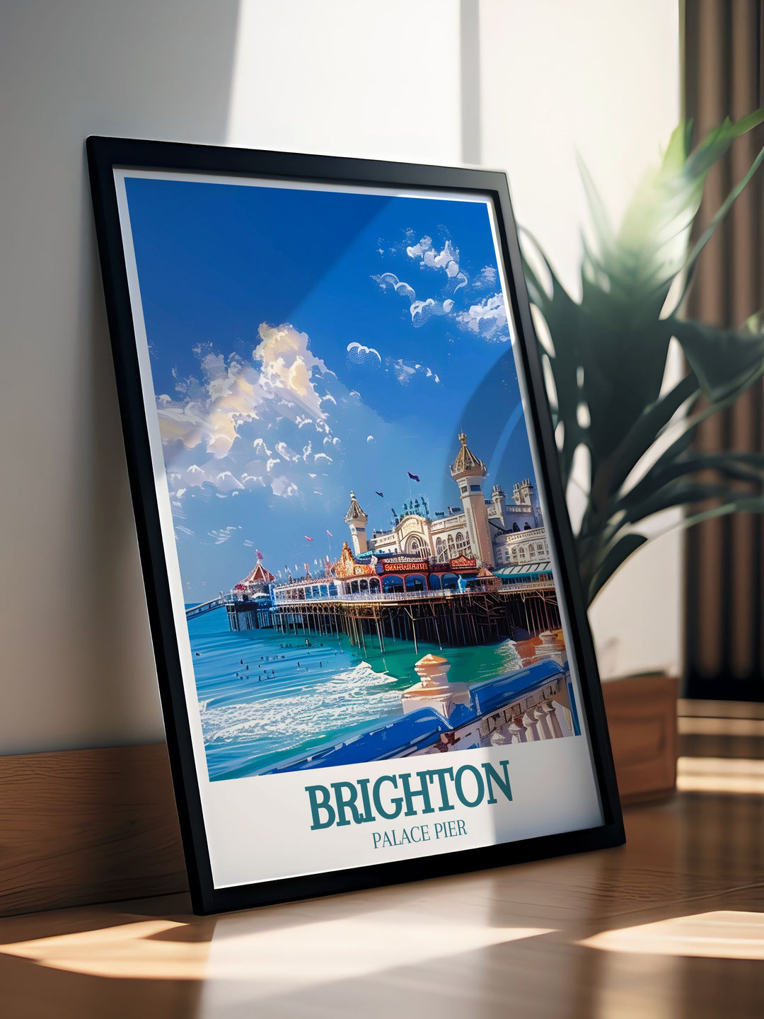 Art Deco print of Brighton Beach with the serene English Channel in the background a retro travel poster that adds a touch of elegance and nostalgic charm to any living space or office.