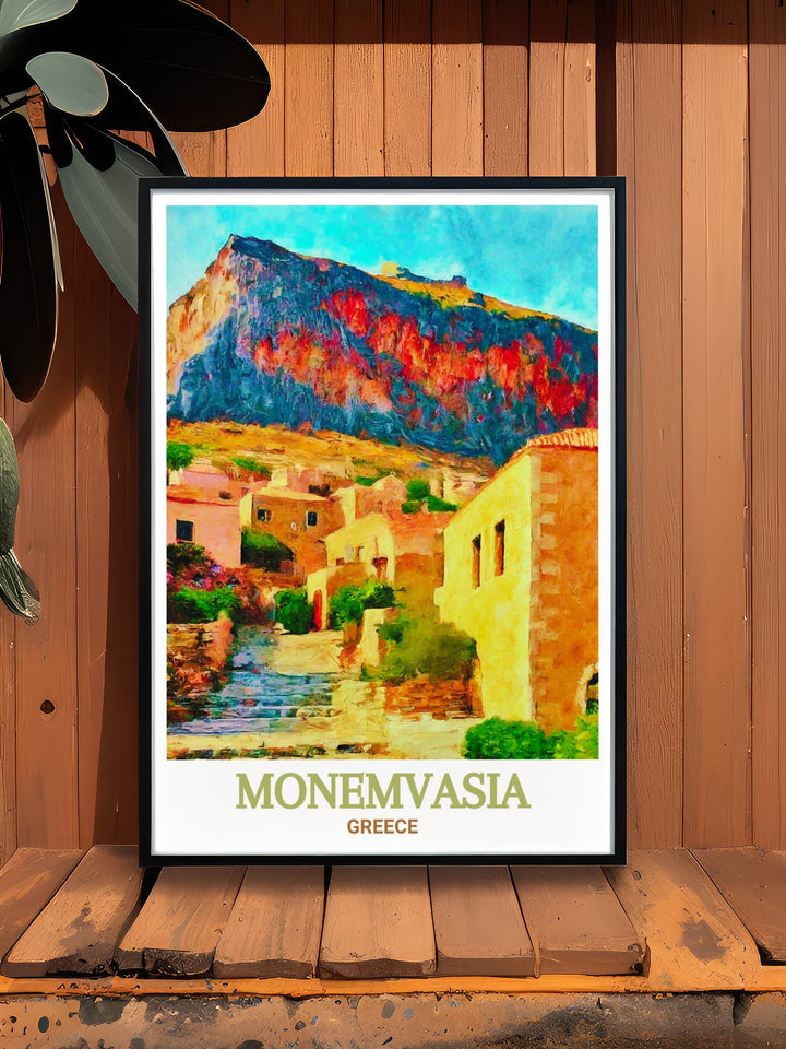 Monemvasia Vintage Poster inspired by classic travel posters, featuring the historic charm of Monemvasia and its iconic castle. This vintage style poster combines the nostalgia of old world travel with the allure of Greeces ancient sites, perfect for adding character to any space.