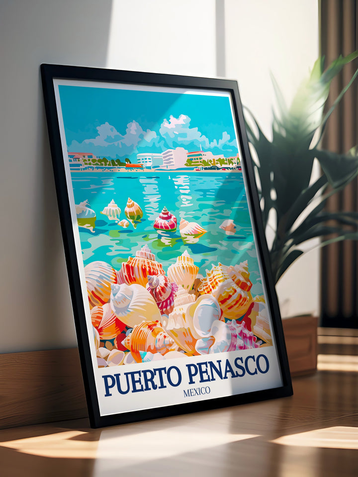 This Puerto Peñasco travel poster highlights the scenic beauty of Sea Shell Beach and the gentle waters of Cholla Bay. The artworks vibrant colors and calming tones make it an ideal piece for your home or office, celebrating the charm of Mexicos coastal towns.