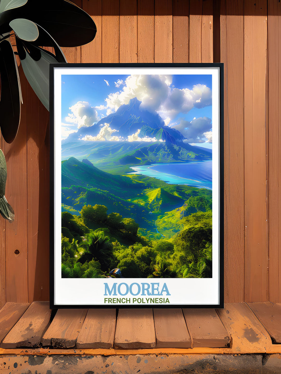 This Moorea Travel Print brings the serenity of French Polynesia into your home. With Mount Rotui towering over lush valleys and crystal clear bays, this artwork is perfect for adding a sense of island paradise to your décor.