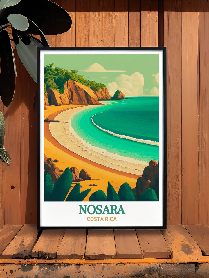 Playa Pelada in Nosara, Costa Rica, offers a perfect blend of natural beauty and peaceful solitude. This print depicts the serene landscape, with its gentle waves and lush surroundings, making it an ideal choice for those who appreciate the calming presence of coastal environments. Add this artwork to your space to evoke the tranquility of Costa Rica.