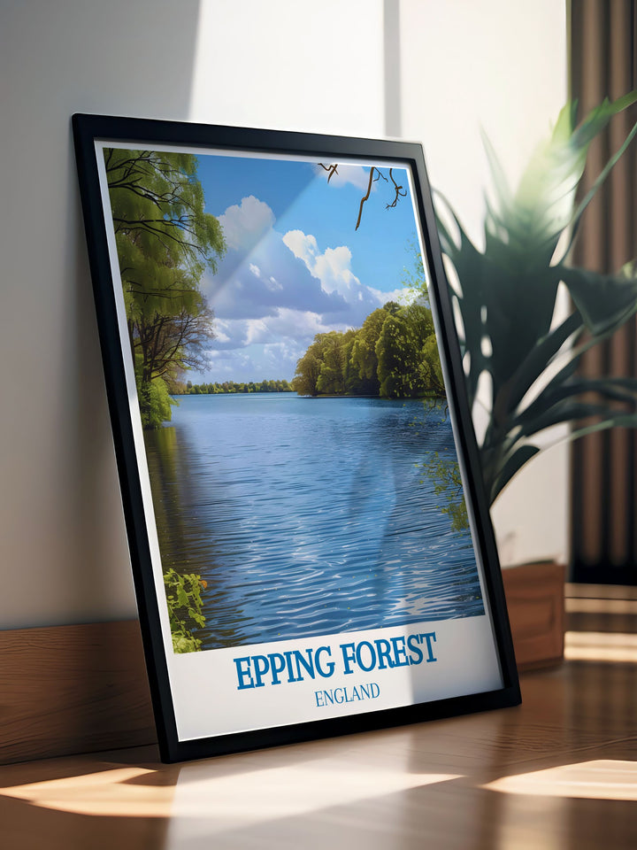 Scenic art piece of Connaught Water, emphasizing the peaceful environment and natural landscapes of Epping Forest.