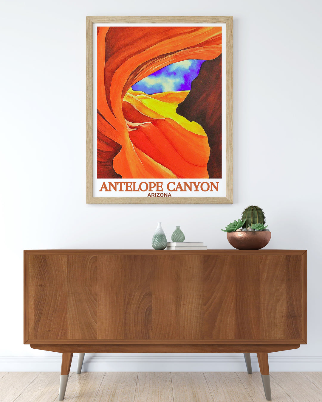 Arizona wall art highlighting the breathtaking scenery of Antelope Canyon with its swirling patterns and dynamic lighting effects a must have for fans of Arizona travel art and nature inspired designs.