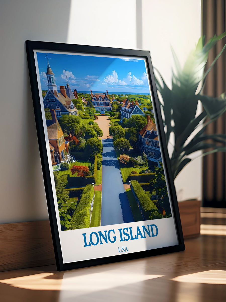This detailed poster of the Hamptons showcases the areas historic homes and picturesque streets, making it an excellent addition to any art collection celebrating luxury and sophistication.