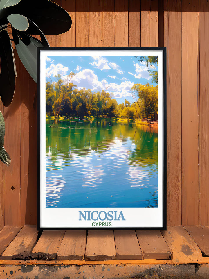 This Nicosia poster print features the citys vibrant streets and the serene Athalassa Reservoir, capturing the essence of both urban and natural beauty. Ideal for anyone who loves Cyprus, this travel print is perfect for home decor or as a thoughtful gift for travelers.