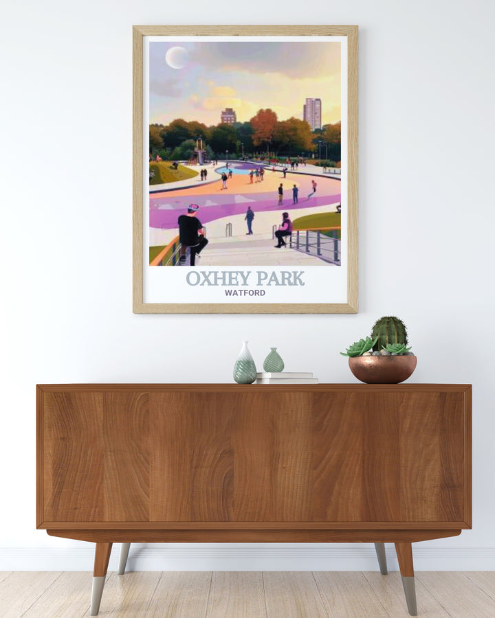 Add Oxhey Park Skate Park Stunning Living Room Decor to your home to capture the lively atmosphere of Watfords iconic park featuring the River Colne Oxhey and the historic charm of Bushey Arches a great choice for fans of Oxhey Hertfordshire.