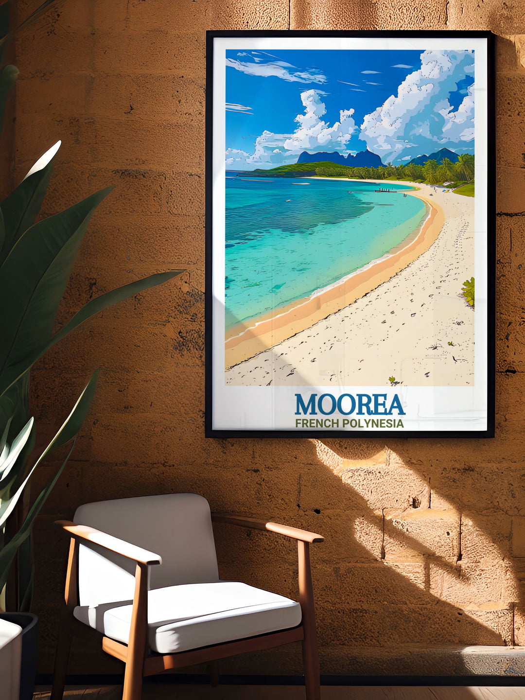 Bring the beauty of Mooreas Temae Beach into your home with this Travel Poster. Featuring the tropical scenery and pristine coastline of French Polynesia, this artwork is ideal for travel enthusiasts and anyone seeking to add a touch of island paradise to their décor.