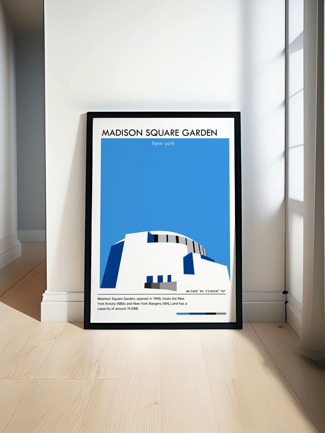 A stunning travel poster featuring New York Knicks legends Charles Oakley and Patrick Ewing at Madison Square Garden showcasing the vibrant history of the team in a vintage style perfect for any basketball fan