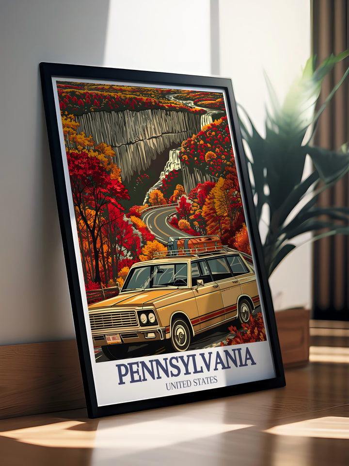 Featuring the natural beauty of Ricketts Glen State Park and the Glens Natural Area, this Pennsylvania travel poster is perfect for anyone who loves the outdoors. This art print brings a touch of Pennsylvanias stunning landscapes into your home or office.