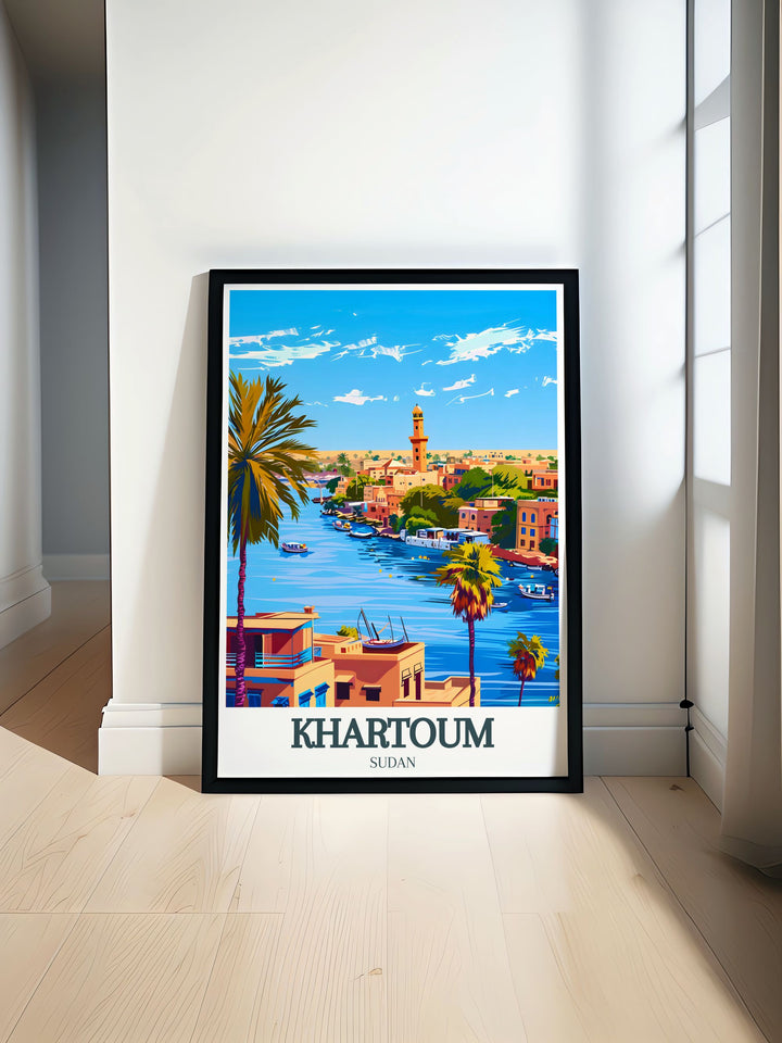 Khartoum travel poster print with a view of the city center and the Nile River perfect for personalized gifts and modern decor