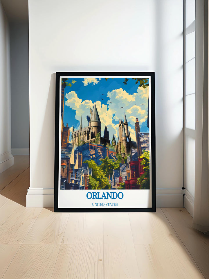 Beautiful San Diego print featuring the vibrant cityscape of Californias coastal gem paired with Wizarding World of Harry Potter Castle modern prints ideal for creating an enchanting atmosphere in your living room perfect for those who love travel and magical adventures