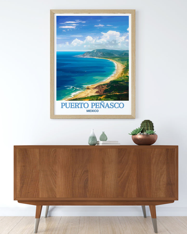 Travel print of Cholla Bay in Puerto Peñasco, showcasing the serene cove with its calm waters and picturesque views. This artwork brings the peaceful ambiance of Cholla Bay into any living space, celebrating the hidden beauty of Mexicos coastal regions in a visually stunning piece.