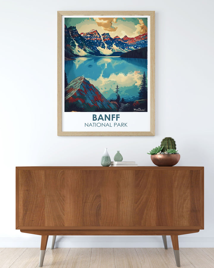 Wall art featuring Moraine Lakes clear waters reflecting towering mountains, ideal for adding a serene atmosphere to any room.
