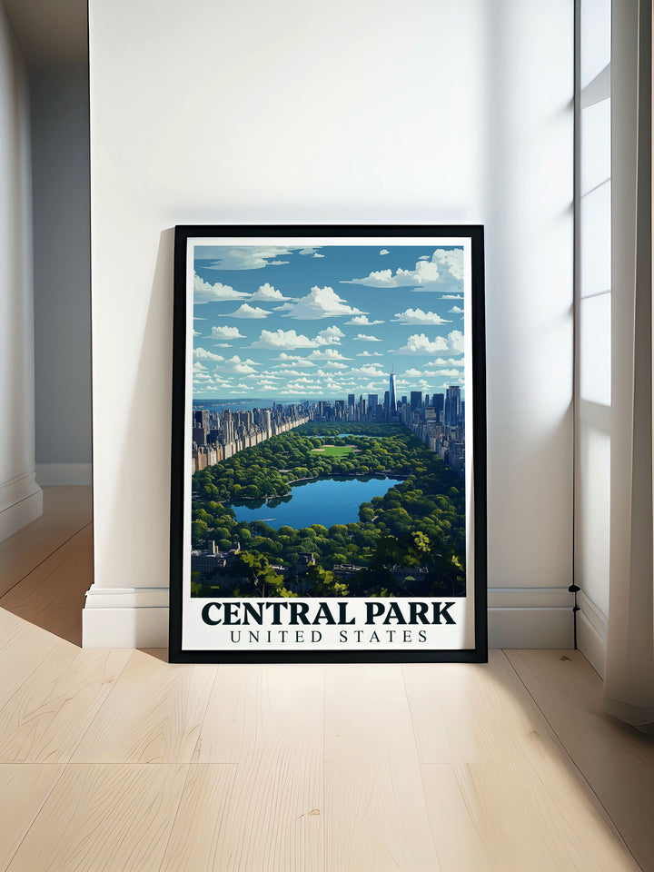Featuring the tranquil waters of Central Parks Lake and the lush greenery surrounding it, this poster is ideal for those who wish to bring a piece of New Yorks serene beauty into their home.